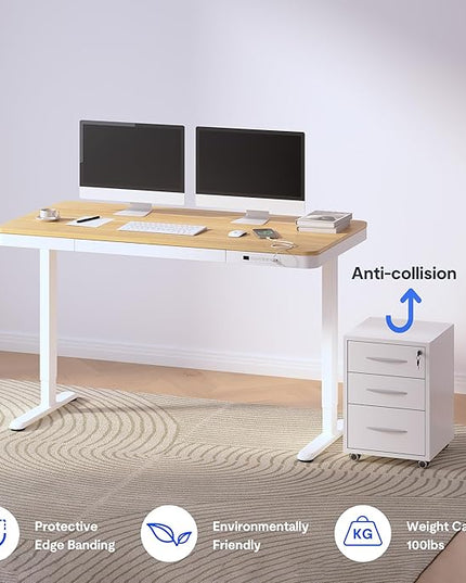 FLEXISPOT 55" Electric Standing Desk with Drawers, Quick Assembly Home Office Sit Stand Desk with Storage, USB Charging, Computer Desk for Home Office (Maple Top + White Adjustable Frame, Comhar)