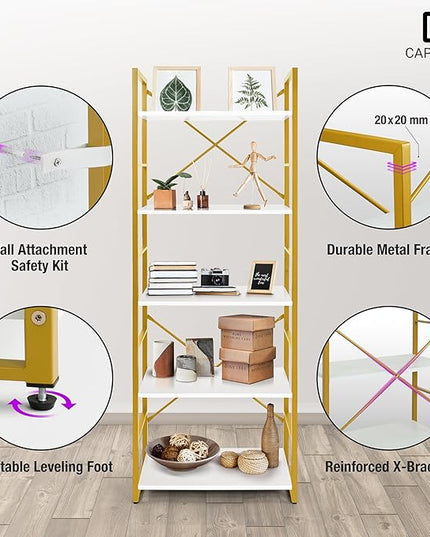 CAPHAUS 5 Tier Bookshelf, 24 Inch Width Free Standing Shelf, Bookcase Shelf Storage Organizer, Industrial Book Shelves for Home Office, Living Room, Kitchen, White Wooden Shelves & Gold Frame