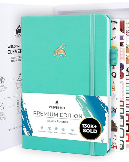 Clever Fox Planner Premium Edition – Undated Luxurious Weekly & Monthly Planner to Increase Productivity and Hit Your Goals – Organizer – Start Anytime, A5, Lasts 1 Year, Light Turquoise (Weekly)