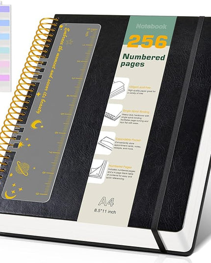 A4 Spiral Notebook Journal 8.5” x 11”, 256 Numbered Pages Hardcover Leather Journals for Women Men, Large Lined College Ruled Notebooks, 100GSM Thick Paper, Spiral Bound Journal for Work School, Black