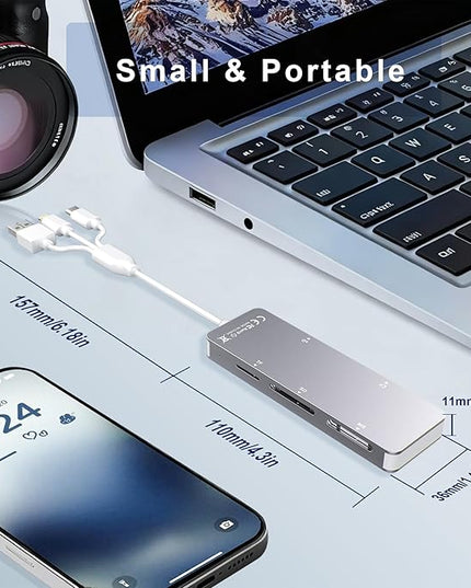 Aluminum 5-in-1 Memory Stick Pro Duo Adapter for iPhone/PC/Android, Lightning USB C USB A Multi Card Reader for SD/TF/CF/MS/XD Cards, High-Speed Data Transfer for Camera/GoPro/Drone