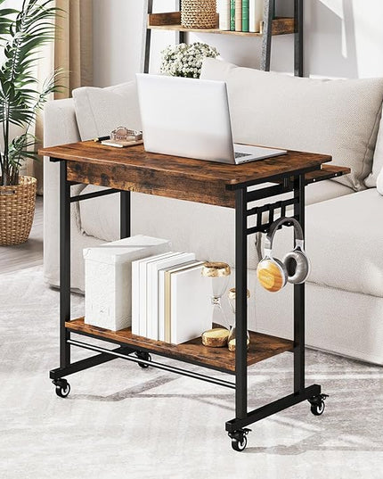 Tangkula Rolling Computer Desk Cart with Keyboard Tray, Mobile Portable Laptop PC Desk with CPU Stand & 3 Hooks for Sofa & Bed, Industrial Small Desk on Wheels for Small Spaces, Home Office Desk