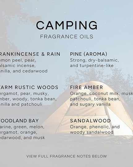 Eternal Essence Oils Camping Set of 6 Premium Fragrance Oils - Includes Warm Rustic Woods, Fire Amber, Pine, Sandalwood, Frankincense & Rain and Woodland Bay Scented Oils - 10ML