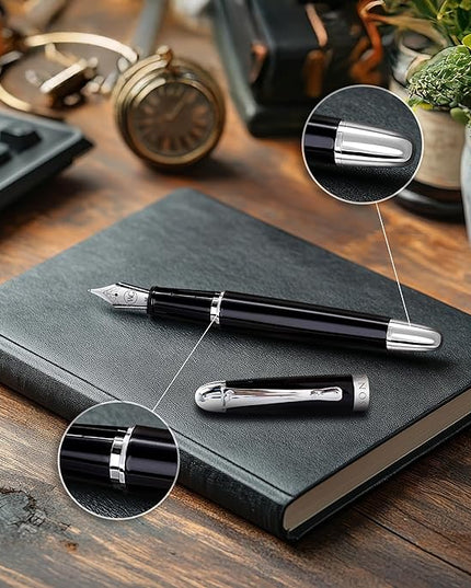 Webson Gill The Boss' Black Luxury Executive Fountain Pen, Polished Lacquer & Chrome, Medium Nib, Smudge Free No Bleed, Use Any Fountain Ink with Included Converter, Fits Cartridges (sold separately)