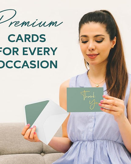 VNS Creations Gold Foil Thank You Cards With Envelopes Bulk Set & Stickers - 100 Pack 4x6 Blank Thank You Notes - Large Note Card Small Business, Wedding, Baby Shower & Bridal Shower - Granite Green