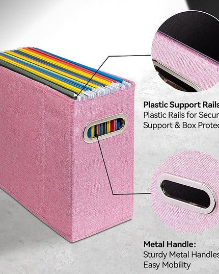 4 Pack Letter Size File Storage Box Collapsible，Fabric Hanging File Folders Organizer, Portable Office Document Holder with Metal Handle, Smooth PVC Rails, Pink