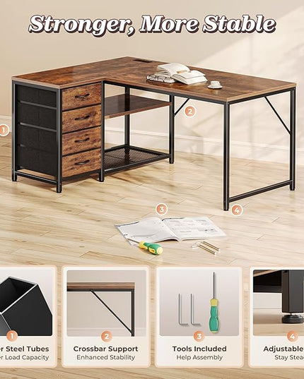 PRAISUN 43.3" Small Computer Desk with Power Outlets and USB-C Port, Reversible L Shaped Corner Office Desk with 4 Fabric Drawers and 2 Height-Adjustable Shelves, for Gaming Writing, Rustic Brown