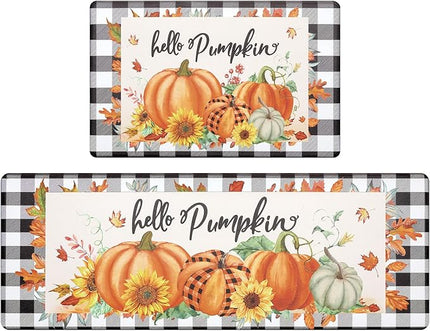 Pauwer Pumpkin Kitchen Rugs Set of 2, Farmhouse Buffalo Plaid Fall Kitchen Floor Mat, Non Slip Anti Fatigue Kitchen Mats for Floor, Cushioned Kitchen Runner Rug Set Fall Autumn Thanksgiving Decor