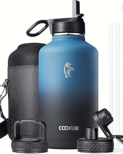 Half Gallon Water Bottle Insulated with Straw & 3 Lids, Coolflask 64 oz Water Jug Large Metal Stainless Steel Wide Mouth for Sports, Gym or Office, Non-BPA Keep Cold 48H Hot 24H, Samurai Cyan