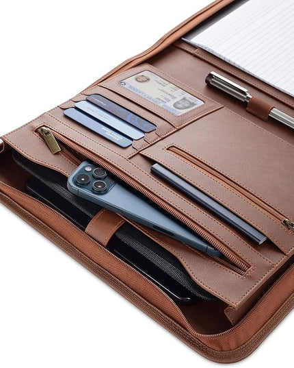 Forevermore Portfolios Padfolio Binder - Professional Faux Leather Travel Organizer Pouch for Tablet, Documents, Presentation Folders, Zipper Closure, Notepad - Brown