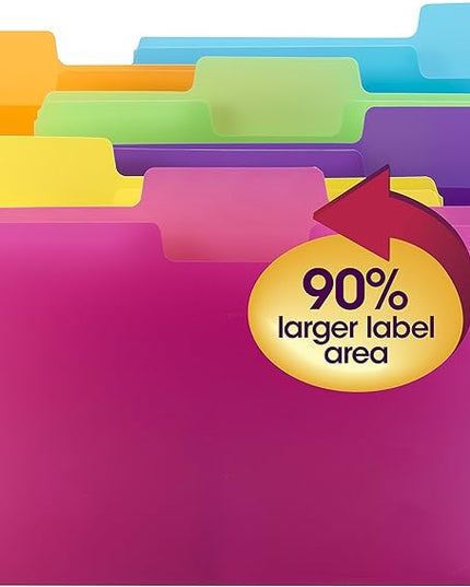 Smead SuperTab Poly Plastic File Folders for Documents, Set of 18 Plastic Folders, 1/3-Cut Tabs, File Folders Letter Size, Assorted Bright Colors, Office Supplies, School Supplies (10515)