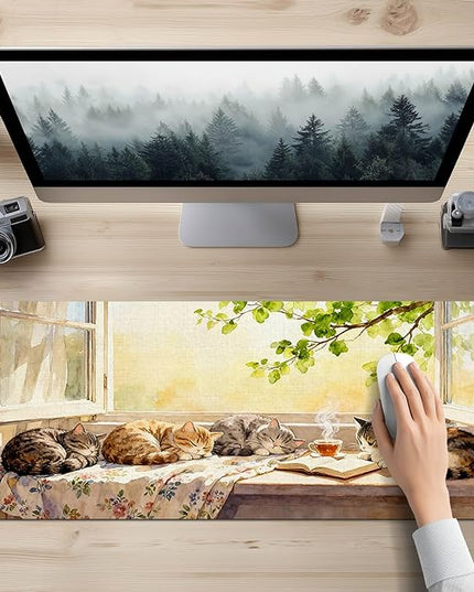 Cat XL Mouse Pad 31.5 x 11.8 Inch Gaming Mousepad Diatomite Large Keyboard Mouse Pad for Home and Office Desk Accessories with Peaceful Sunlit Window Cats Illustration