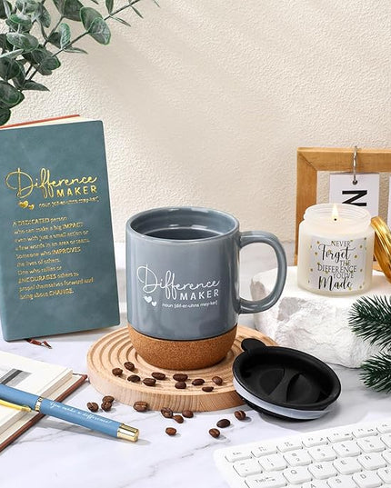 4 Pcs Difference Maker Gift for Women Men Teacher Employee Appreciation Gift for Coworker Staff Coach Difference Maker Mug Notebook Scented Candle Motivational Ballpoint Pen for Valentines(Dark Blue)