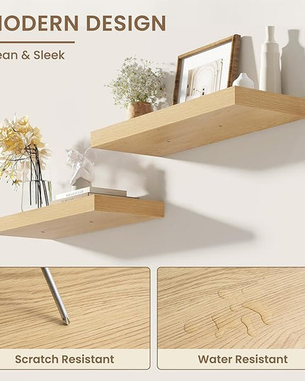 Dreamland 24 Inches Floating Shelves for Wall, 8" Deep Long Floating Shelves Set of 2, Large Display & Storage Shelf, Wall Shelf for Bathroom Bedroom Living Room Kitchen Office, Oak