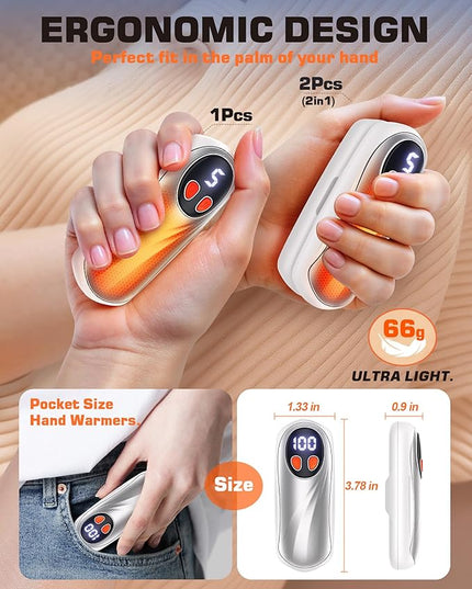Hand Warmers Rechargeable 2 Pack, 6000mAh Electric Hand Warmers, 5-Level Heating with Battery Display, Reusable Portable Pocket Heater, Gifts for Christmas, Outdoor, Golf, Travel, Hunting, Camping