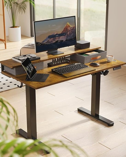 Claiks Electric Standing Desk with 2 Drawers, Adjustable Standing Desks with Storage, Height Adjustable Stand up Desk for Home Office with 2 Hooks,48 Inch Ruist Brown