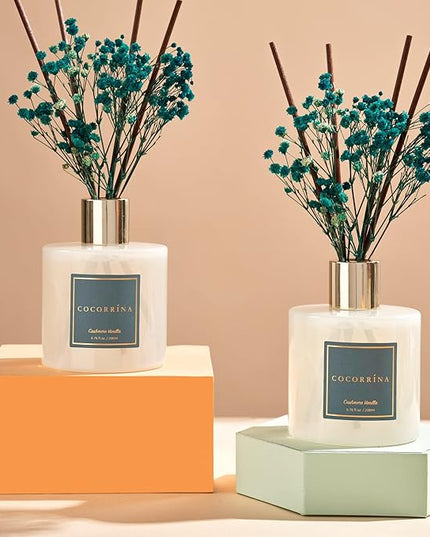 Cocorrína Premium Reed Diffuser Set with Preserved Baby's Breath & Cotton Stick Cashmere Vanilla 2 Packs, 6.7oz Scent Fragrance Oil Diffuser for Bedroom Bathroom Home Décor