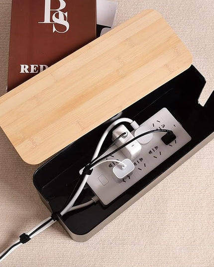 Cable Management Box - Wooden Style Large Cord Organizer to Hide Wires & Power Strips | Desk Computer Cable Organizer | Safe ABS Material | 16" (L) x 6.2" (W) 5.3" (H) | for Home & Office - Black