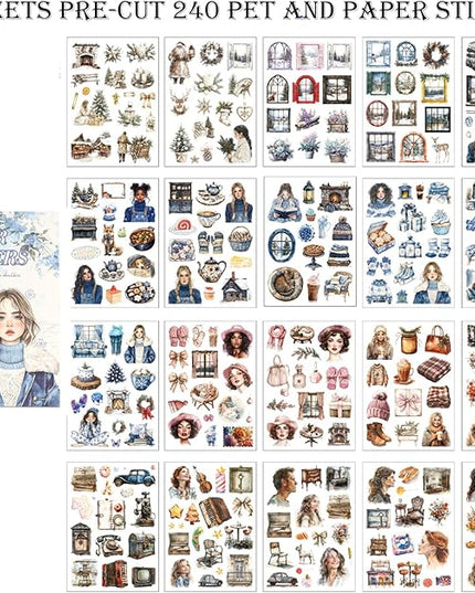 Auguro Winter Scrapbook Stickers 20 Sheets 240 Pre-Cut Washi Stickers for Journaling PET Transparent Book Sticker Decorative or DIY Paper Crafts, Arts and Crafting Projects