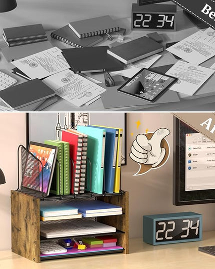 4-Tier Desk Organizer, Desk File Organizer with 5 Vertical File Holders, Office Desktop Organizer with 3 Level Paper Organizer Letter Tray, Wooden Desk Organizers and Accessories for Home Office