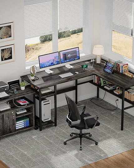 Unikito Reversible L Shaped Desk with Magic Power Outlets and USB Charging Ports, Sturdy Corner Computer Desk with Storage Shelves, Gaming Desk for Home Office, Easy to Assemble, Black Oak