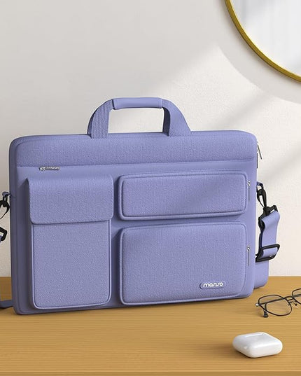 MOSISO Laptop Shoulder Bag 15.6 inch, 15-15.6 inch Computer Bag Compatible with MacBook Pro 16 inch, HP, Dell, Lenovo, Notebook with 2 Raised&1 Flapover&1 Horizontal Pocket&Handle&Belt, Lavender Gray