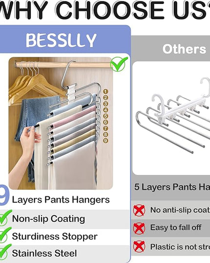 Upgrade 9 Layers Pants Hangers Space Saving, Non Slip Stainless Steel Multifunctional Pants Rack S-Type Clothes Pant Closet Hanger Organizer for Pants Jeans Trousers Scarf Skirts(4 Pack, Antiquewhite)