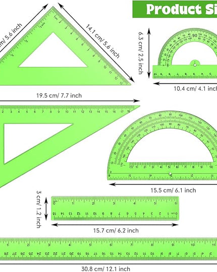 Tenare 6 Pcs Plastic Ruler Math Set Includes 12 Inch 6 Inch Straight Protractor Triangle Geometry Transparent Math Ruler Measuring Tools for School Office Home(Green)