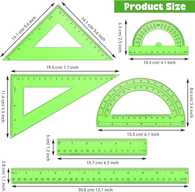 Tenare 6 Pcs Plastic Ruler Math Set Includes 12 Inch 6 Inch Straight Protractor Triangle Geometry Transparent Math Ruler Measuring Tools for School Office Home(Green)