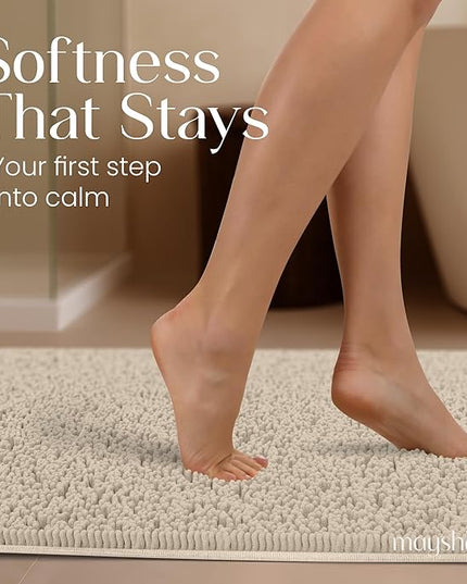 MAYSHINE Plush Shaggy Chenille Bath Mat | Extra Soft, Super Absorbent, Non-Slip Bathroom Rug | Fluffy Microfiber, Area Rug Sets for Bathroom Floor, Kitchen, Living Room | 71"x31" | Beige