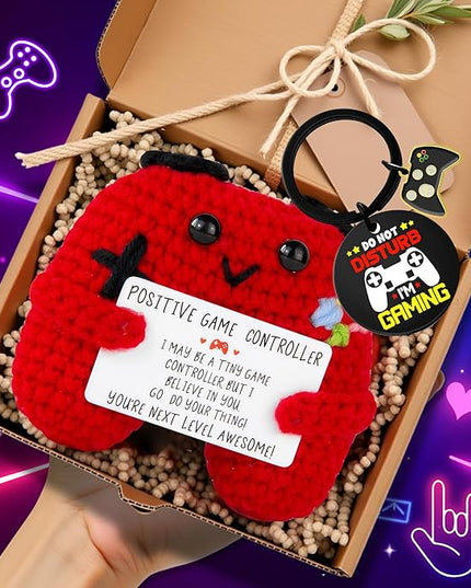 Gamer Gifts Positive Crochet Game Controller and Inspirational Keychain, Unique Teenage Boy Gifts Idea, Gaming Gift Set with Gamer Keychain, Birthday Gift Emotional Support Crochet for Game Lovers