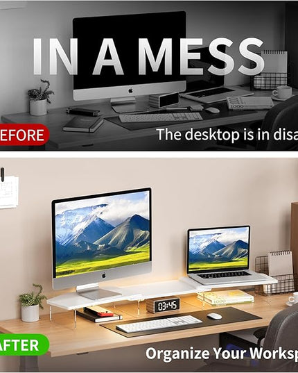 LED Dual Monitor Stand Riser for 2 Monitors, Office Desktop Wooden Stand Adjustable Length and Angle 3 Shelf, Extra Long Multifunctional Stand up to 44.4" for Computer, Laptop, TV, White