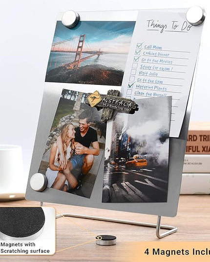 Large Magnetic Bulletin Board – Dry Erase Memo Board with Stand – Metal Easel for Magnet Display – 12x10 Inches + 4 Magnets