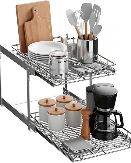 HOLDN’ STORAGE Two Tier Pull Out Cabinet Organizer, Individual Sliding Drawers - Heavy Duty Metal with Lifetime Limited Warranty - Anti Rust Chrome Finish - 15" W x 21”D x 16.5" H