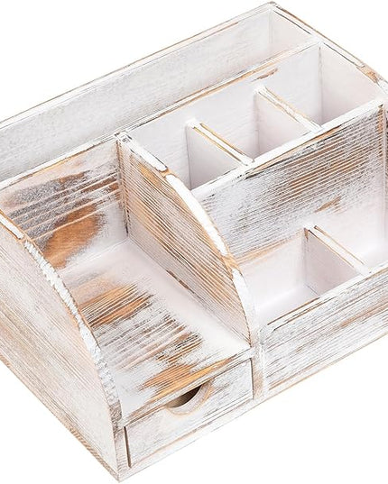 VERGOODR Office Desk Drawer Supply Organizer and Accessories, Wood Desk Organizer with 6 Compartments & 1 Drawer Binders Folder Papers Holder Pen Holder Office Desktop File Organizer (Washed white)