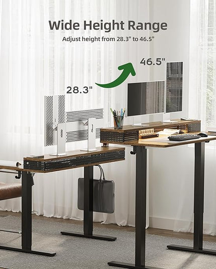 Claiks Electric Standing Desk with Shelf, 48 Inch Height Adjustable Standing Desk with LED Lights & Monitor Stand, Black Frame/Rustic Brown Top