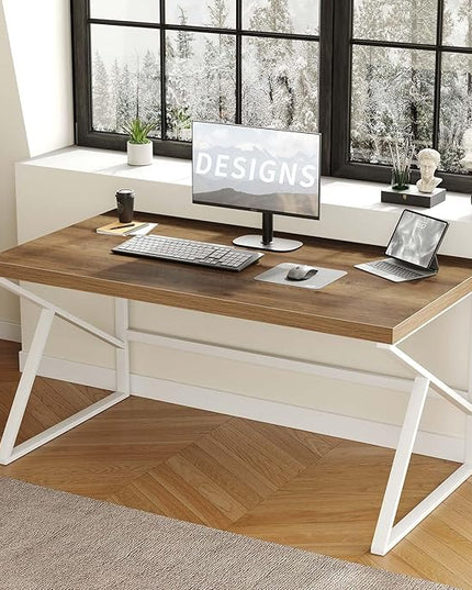 HSH Farmhouse Desk Computer Table, Modern Home Office Desk, Student Desk for Bedroom, Rustic Wood and Metal PC Laptop Desk, Simple Writing Study Gaming Desk Executive Workstation, 55 Inch