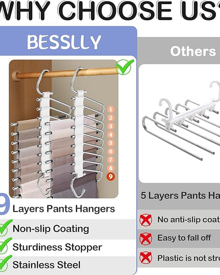 Upgrade 9 Layers Pants Hangers Space Saving, 2 Pack Multifunctional Pants Rack Non Slip Stainless Steel Clothes Space Saver Hangers Closet Organizers Storage for Pants Jeans Leggings, Creamy White