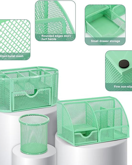 17 in 1 Green Desk Organizers and Accessories Set, 3 Office Desk Supplies Storage Organization, 4 Pens, Stapler, Staples & Remover, Tape & Dispenser, Scissors, Ruler, Clips, Hole Punch, Back to School