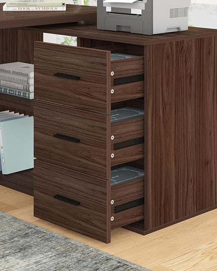 HSH 360 Rotating L Shaped Desk with Drawers, Walnut L Shape Computer Desk with Storage Cabinet Shelves, Rustic Home Office Desk for Executive Writing Study Work, Swivel Desk Wood Table, 55 Inch