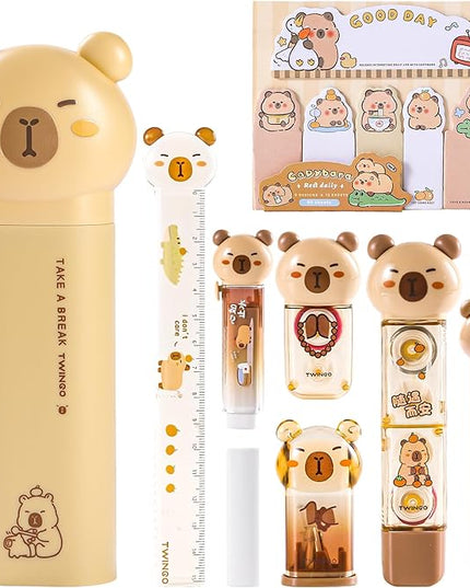 9 Pcs Cute Capybara Stationary Set Kawaii School Supplies Japanese Stationery, Includes Pencil Sharpener, Eraser, Correction Tape, Glue Tape, Sticky Notes, Ruler, Scissors for Office School Supplies