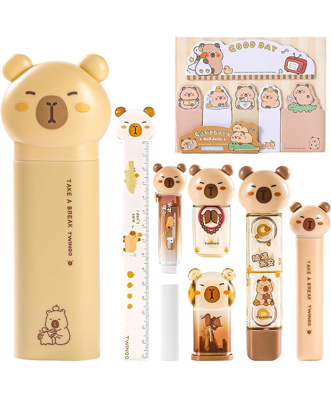 9 Pcs Cute Capybara Stationary Set Kawaii School Supplies Japanese Stationery, Includes Pencil Sharpener, Eraser, Correction Tape, Glue Tape, Sticky Notes, Ruler, Scissors for Office School Supplies