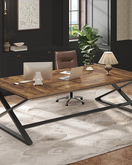 IBF Rustic Large Desk for Home Office, 78.7" Extra Long Computer Desk, Wood Metal Wide Work Desk for Study Writing, Farmhouse Dual Monitor Workstation Gaming Desk Computer Table, Rustic Brown