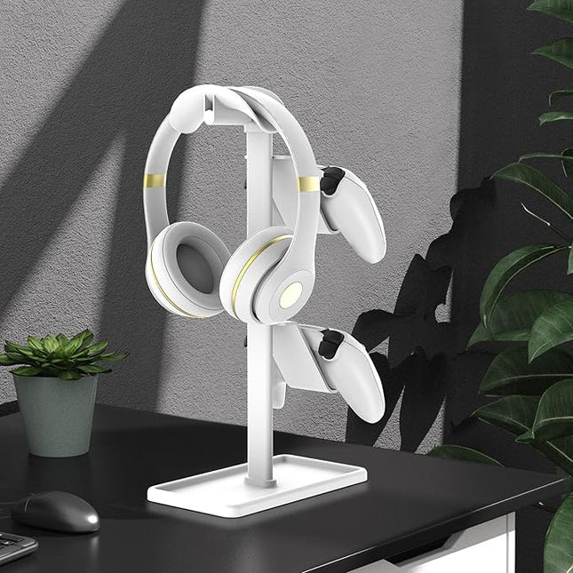 SHUOSUO Controller Holder, Headphone Stand, Gaming Controller Stand for Xbox PS5 PS4 Switch, Headset Holder with Storage Organizer, Universal Desk Game Accessories (White)