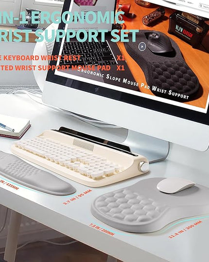 2-in-1 Ergonomic Set, Wave Rise Keyboard Wrist Rest and Massage Bulge Slope Mouse Pad Wrist Support, Cushion Memory Foam Integrated to Relieve Wrist Pain, Silver Gray