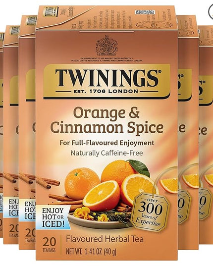 Twinings Orange & Cinnamon Spice Herbal Tea Individually Wrapped Bags, 20 Count (Pack of 6), Naturally Caffeine-Free, Enjoy Hot or Iced, 120 Teabags