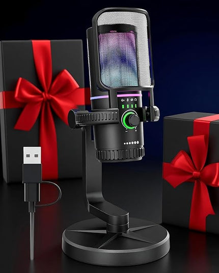 SINWE Gaming Microphone with Noise Cancelation & Gain Control- USB PC Mic for Streaming, Gaming, Podcasts, PC, PS4 -Includes Pop Filter, Shock Mount, Quick Mute & RGB Lighting