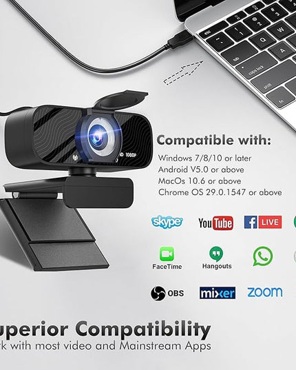 USB HD Webcam with Built-in Microphone and Rotatable Tripod, 1080P Video, Wide Angle Camera, Privacy Cover, for Desktop PC or Laptop Computer - 4（Black）