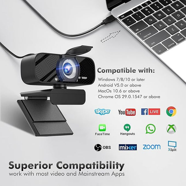 USB HD Webcam with Built-in Microphone and Rotatable Tripod, 1080P Video, Wide Angle Camera, Privacy Cover, for Desktop PC or Laptop Computer - 4（Black）