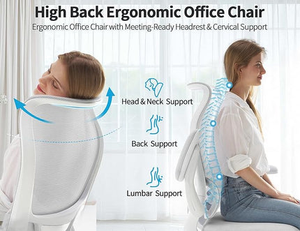 TRALT Ergonomic Office Chair - Desk Chair with Wave High Back Adjustable Lumbar Support Computer Chair - Gaming Chairs Mesh Backrest and PU Leather Seat for Home Reading Chairs to Adults(White)
